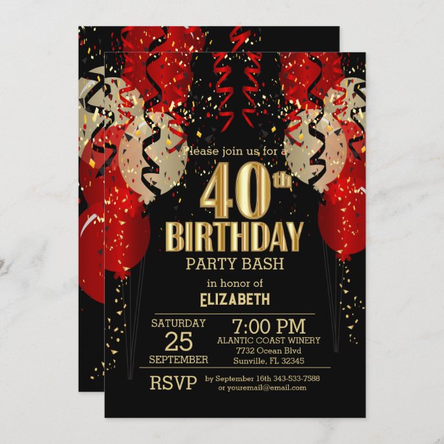 40th Birthday - Red Balloons  Invitation (Front/Back)