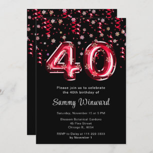 40th Birthday Red Balloons Snowflake Confetti Invitation