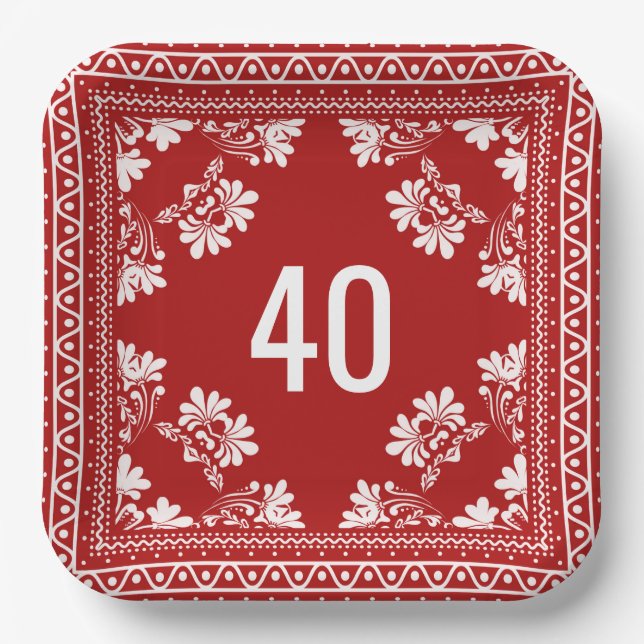 40th Birthday Red Bandana Paper Plates (Front)