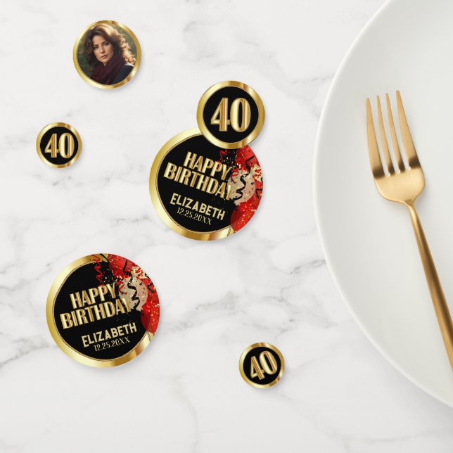 40th Birthday - Red, Black and Gold 🎈 Photo Confetti (Group)
