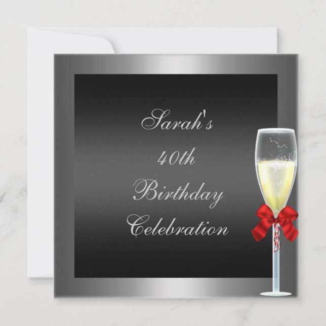 40th Birthday Red Bow Champagne Silver Black Invitation (Front)
