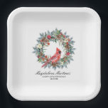 40th Birthday Red Cardinal Wreath Custom Paper Plates<br><div class="desc">Elegant watercolor red cardinal framed by a classic winter pine wreath. Red and white flowers,  berries and pinecones add to the greenery. Three lines of text let you customize your party supplies.</div>