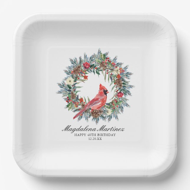 40th Birthday Red Cardinal Wreath Custom Paper Plates (Front)