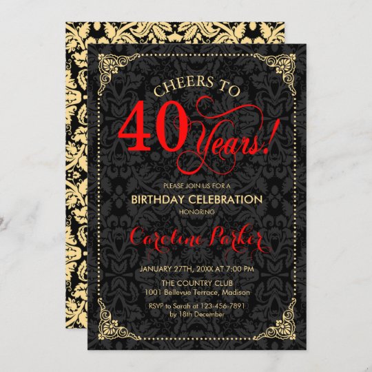 40th Birthday - Red Gold Black Damask Invitation | Zazzle.com