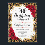 40th Birthday - Red Gold Leopard Print Invitation<br><div class="desc">40th Birthday Invitation.
Elegant red white design with faux glitter gold. Features leopard cheetah animal print,  script font and roses. Perfect for an elegant birthday party. Can be personalized into any year! Message me if you need further customization.</div>