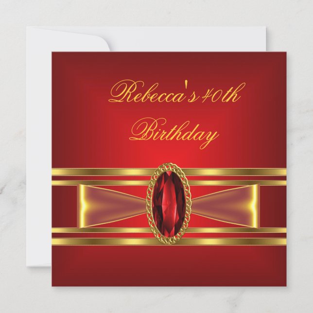 40th Birthday Red Gold Red Diamond Jewel Bow Invitation (Front)