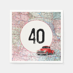 40th Birthday Red Retro Truck on Road Map Napkins