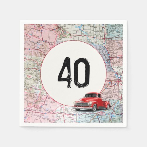 40th Birthday Red Retro Truck on Road Map  Napkins