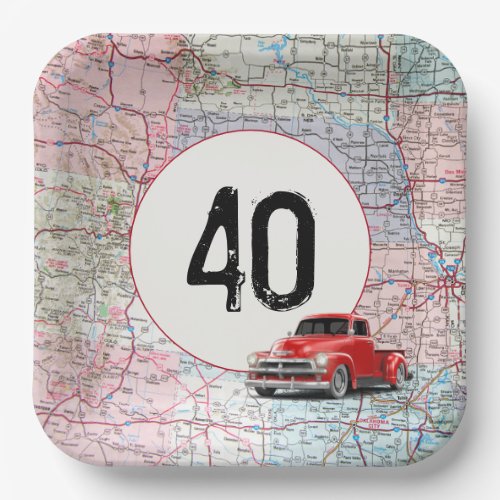 40th Birthday Red Retro Truck on Road Map Paper Plates