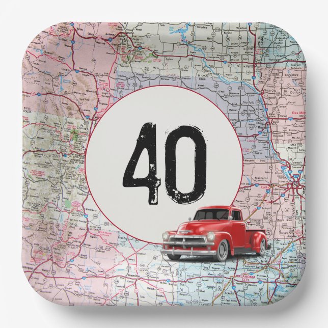 40th Birthday Red Retro Truck on Road Map Paper Plates (Front)