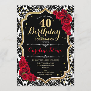 40th Birthday - Red Roses Gold Black Damask Invitation