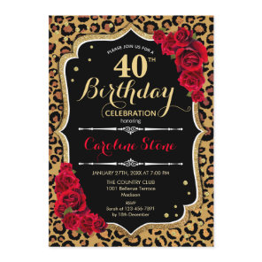40th Birthday - Red Roses Leopard Print Invitation