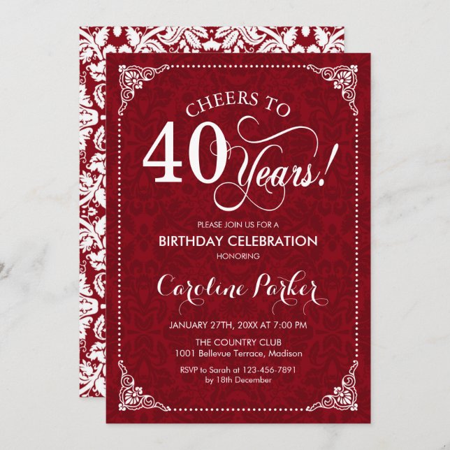 40th Birthday - Red White Damask Invitation (Front/Back)