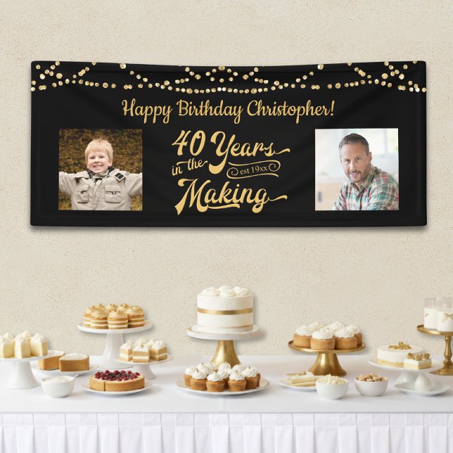 40th Birthday Retro Black Gold String Lights Photo Banner (Creator Uploaded)