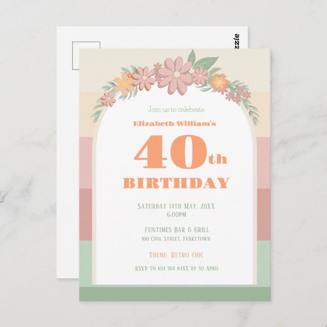 40th birthday retro Invitation Postcard (Front/Back)