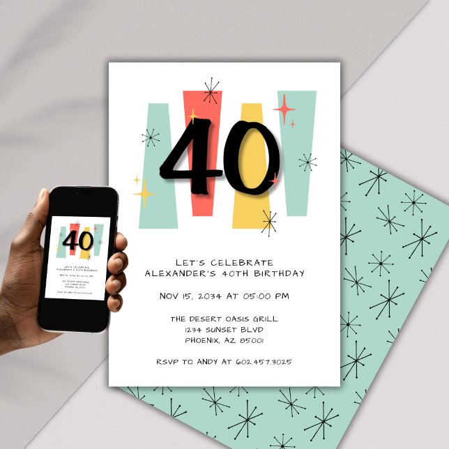 40th Birthday Retro Midcentury Modern Colorful Invitation (Creator Uploaded)