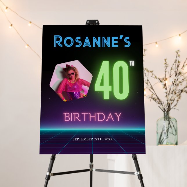 40th Birthday Retro Neon Welcome Custom Photo Foam Board (In Situ (Stand))
