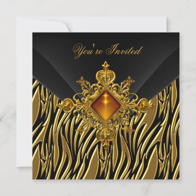 40th Birthday Rich Zebra Gold Amber Jewel Black Invitation (Front)