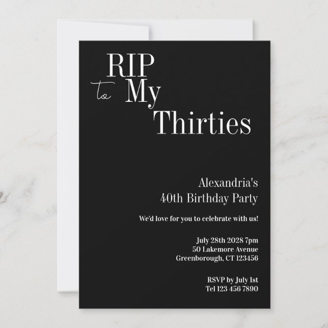 40th Birthday RIP 30s Black and White Party Invitation (Front)