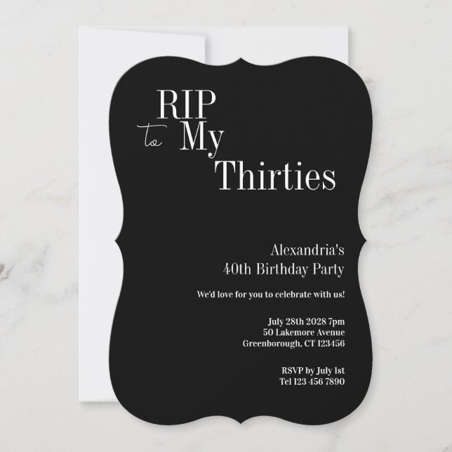40th Birthday RIP 30s Black and White Party Invitation (Front)