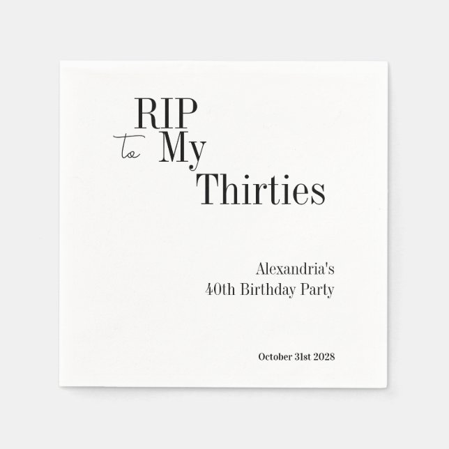 40th Birthday RIP 30s Black White Minimal Party Napkins (Front)