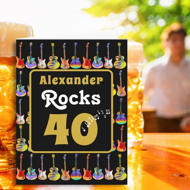 40th birthday Rock and Roll Guitar Personalized Card (40th birthday retro groovy guitar rock n roll rocks 40 personalized greetings card pop art hippie )