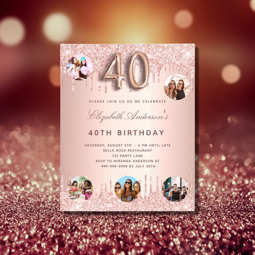 40th Birthday rose glitter budget photo invitation Flyer