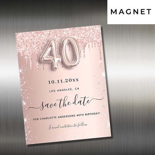 40th birthday rose glitter save the date magnet