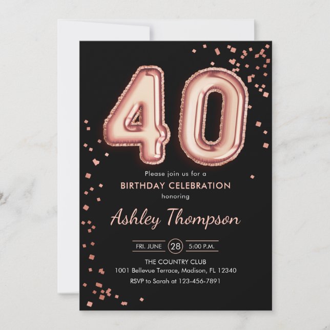 40th Birthday - Rose Gold Balloons Black Invitation (Front)
