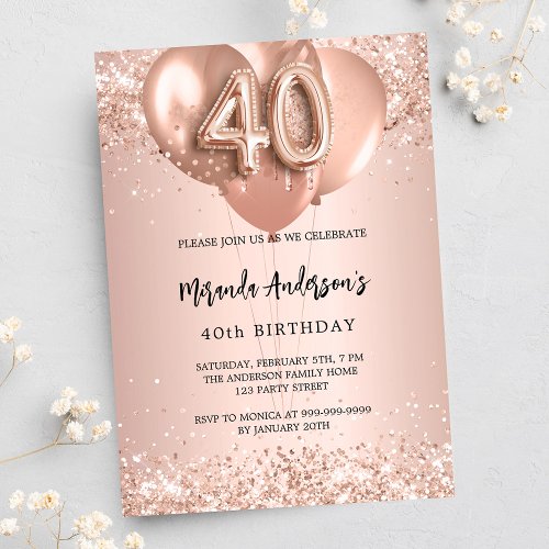 40th birthday rose gold balloons invitation postcard