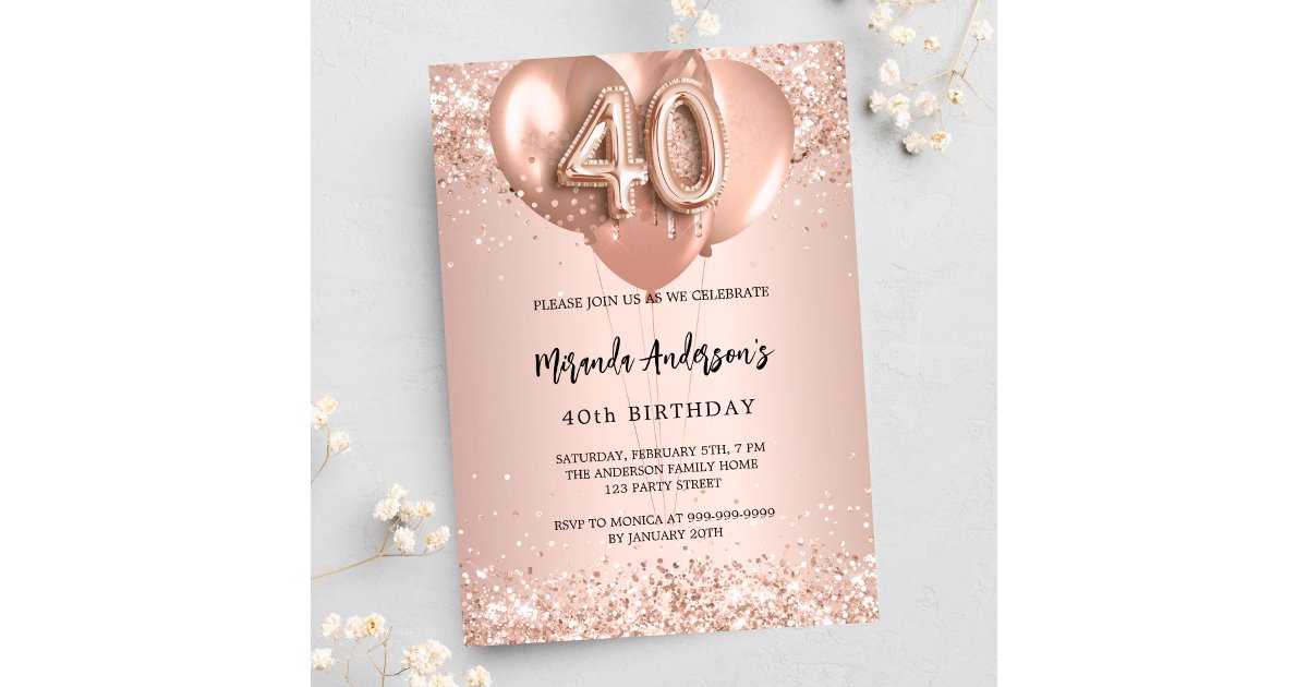 40th birthday rose gold balloons invitation postcard