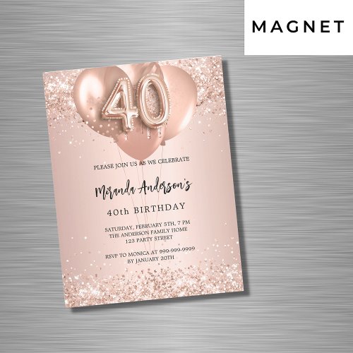 40th birthday rose gold balloons luxury magnetic invitation