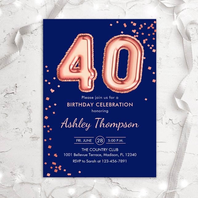 40th Birthday - Rose Gold Balloons Navy Invitation (Creator Uploaded)