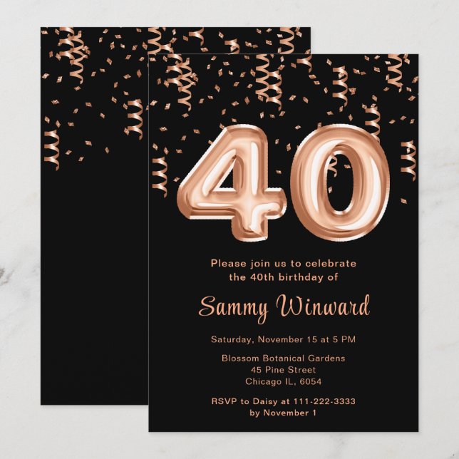 40th Birthday Rose Gold Balloons with Confetti Invitation (Front/Back)