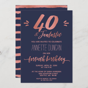 40th Birthday Rose Gold Blue Trendy Party Invitation