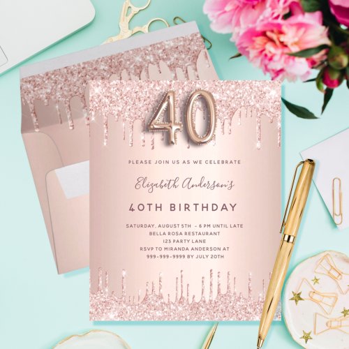 40th Birthday rose gold blush budget invitation Flyer