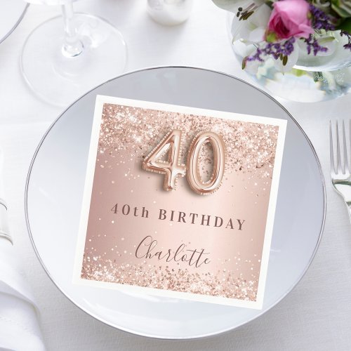 40th birthday rose gold blush glitter name napkins