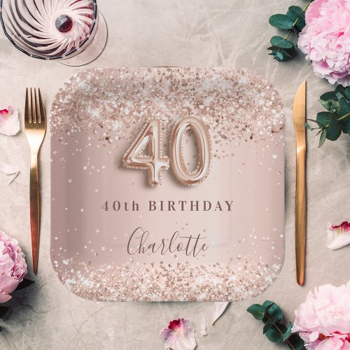 40th birthday rose gold blush glitter name paper plates