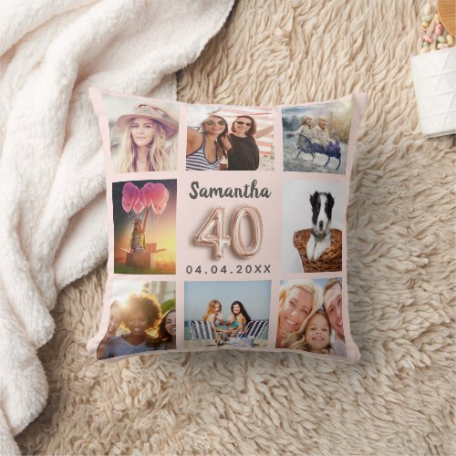 40th birthday rose gold blush photo collage throw pillow