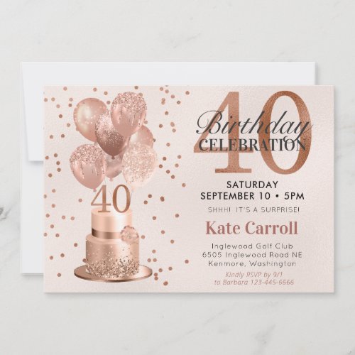 40th Birthday Rose Gold Cake Surprise Party Invitation