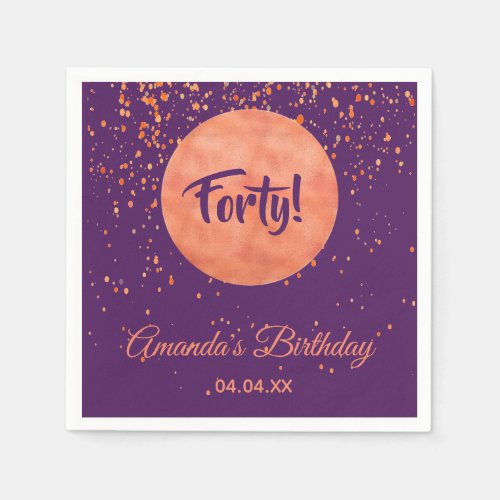 40th birthday rose gold confetti on purple napkins