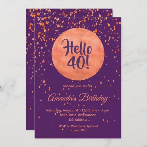 40th birthday rose gold confetti purple hello 40 invitation
