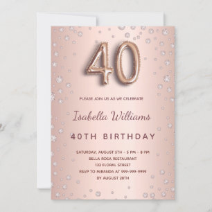 40th birthday rose gold diamonds invitation