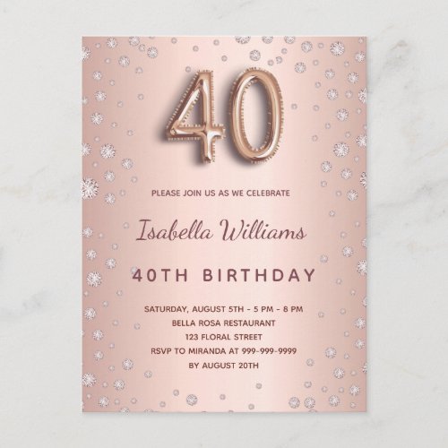 40th birthday rose gold diamons balloon script postcard