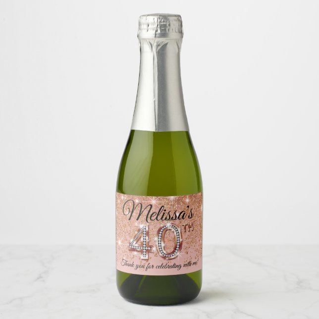 40th Birthday Rose Gold Glitter Cascade Sparkling Wine Label (Front)