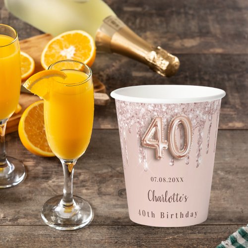 40th birthday rose gold glitter drip monogram paper cups