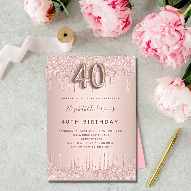 40th Birthday Rose Gold Glitter Drips Blush Invitation | Zazzle