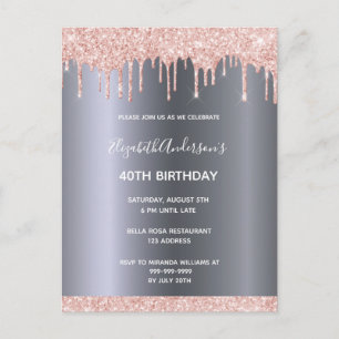 40th birthday rose gold glitter drips invitation postcard