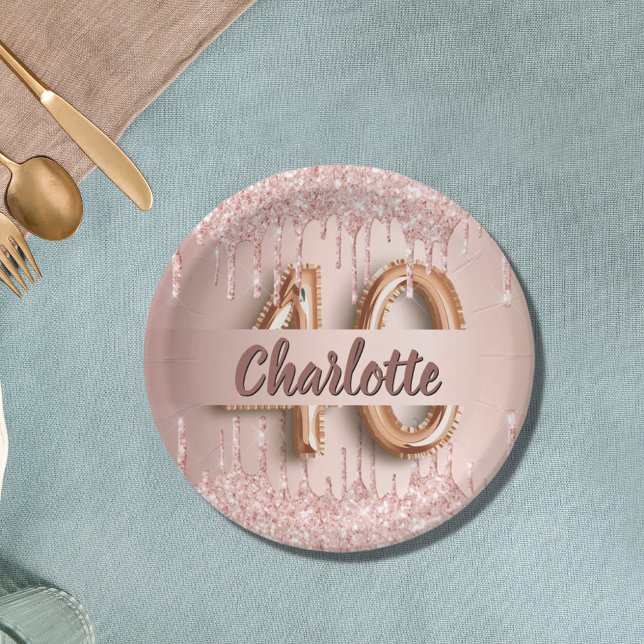 40th birthday rose gold glitter monogram luxury paper plates (Creator Uploaded)