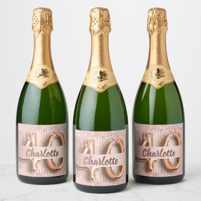40th birthday rose gold glitter monogram luxury sparkling wine label (Bottles)